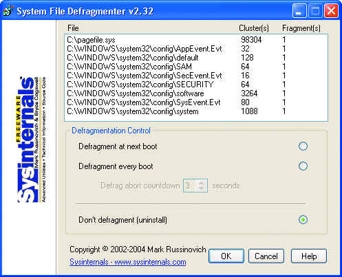 Рис. 6 Файлы, дефрагментируемые при помощи средства PageDefrag